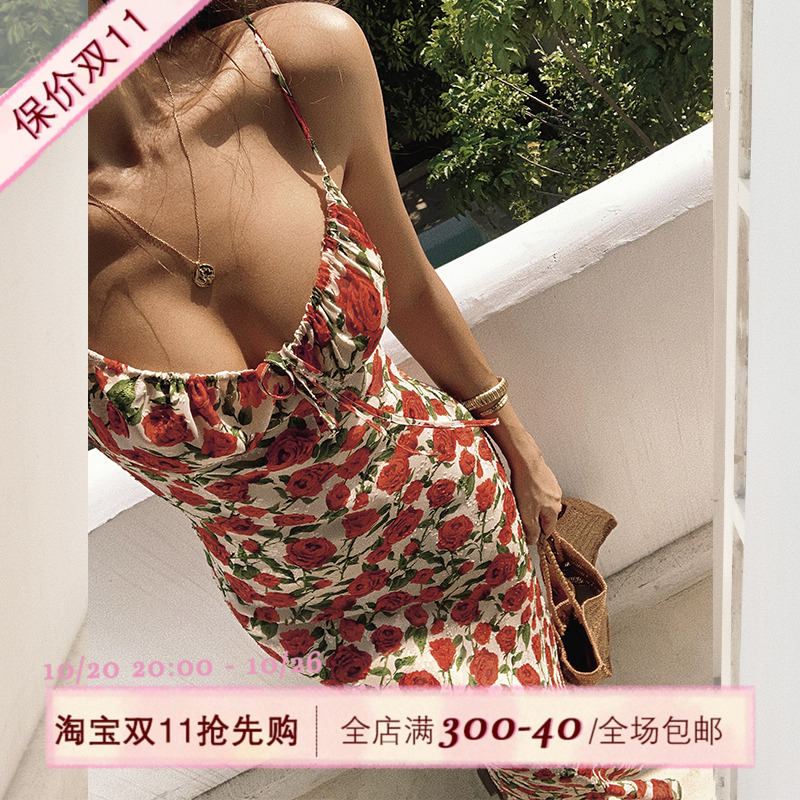 ITSNIKAR玫瑰花度假风吊带裙子