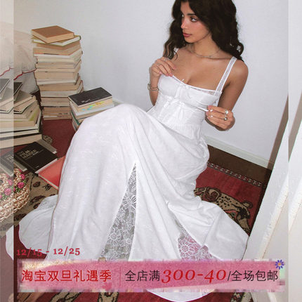 ITSNIKAR法式复古蕾丝连衣裙女性感收腰鱼骨吊带裙高级白色长裙子