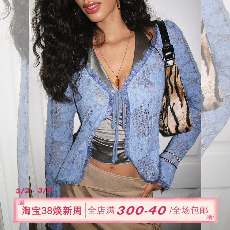 ITSNIKAR 复古提花V领毛针织衫女秋性感镂空打底衫修身绑带短上衣