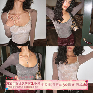 ITSNIKAR复古提花方领针织衫女秋冬蕾丝撞色打底衫内搭连体短上衣