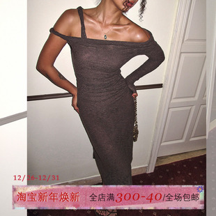 ITSNIKAR 一字肩设计连衣裙女秋复古显瘦打底裙弹力收腰包臀裙子