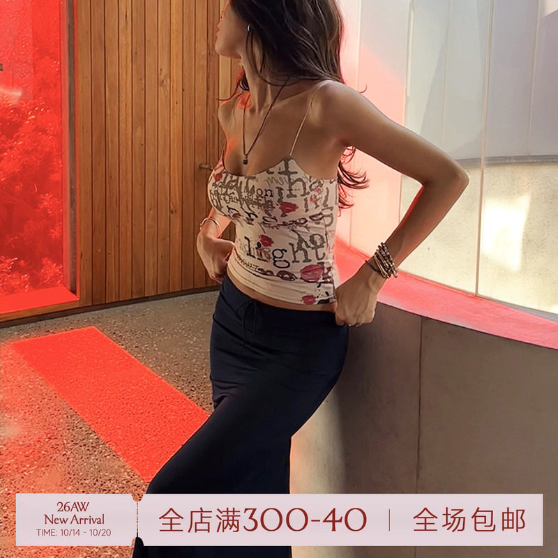 ITSNIKAR 美式复古画报印花吊带背心女夏辣妹修身显瘦打底短上衣