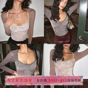 ITSNIKAR复古提花方领针织衫 内搭连体短上衣 女秋冬蕾丝撞色打底衫