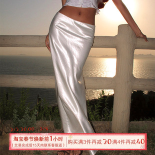 ITSNIKAR 法式丝光缎面半身裙女夏性感修身包臀裙复古白色长裙子