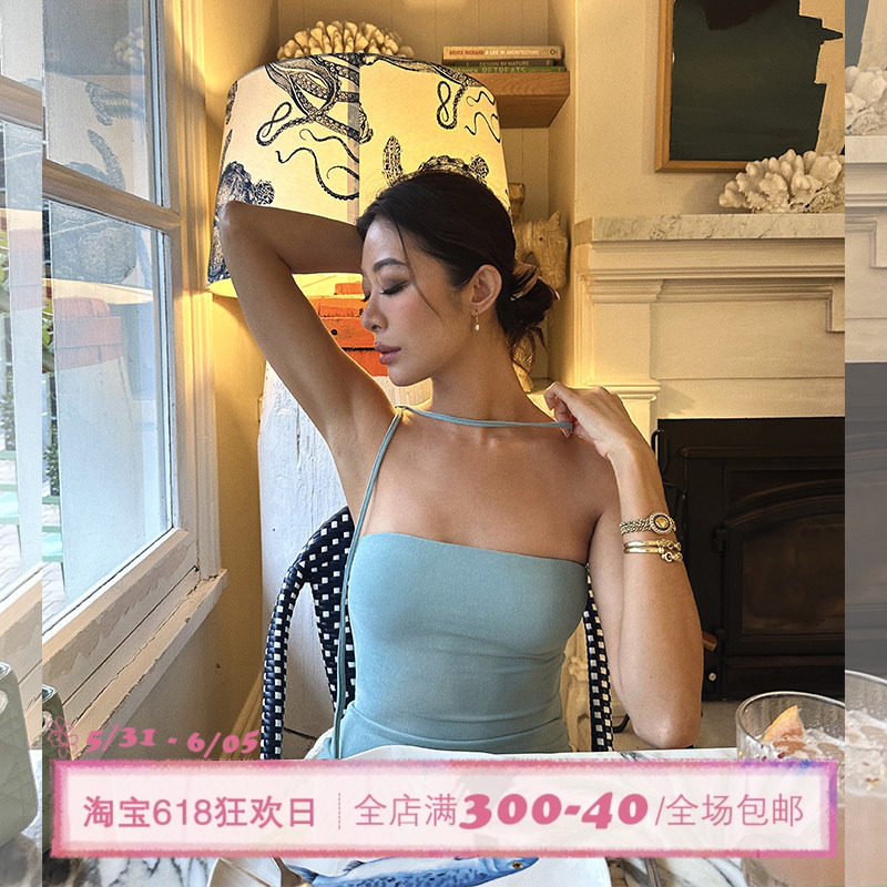 ITSNIKAR曼波风薄荷绿挂脖连衣裙女带胸垫性感抹胸吊带裙包臀裙子