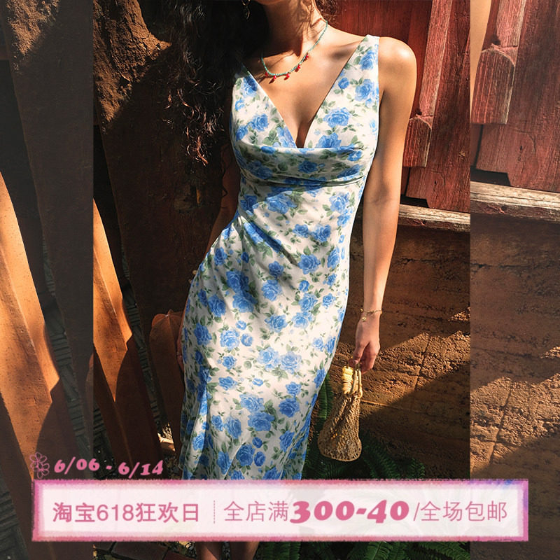 ITSNIKAR 经典玫瑰印花吊带连衣裙女夏雪纺荡领包臀裙性感长裙子