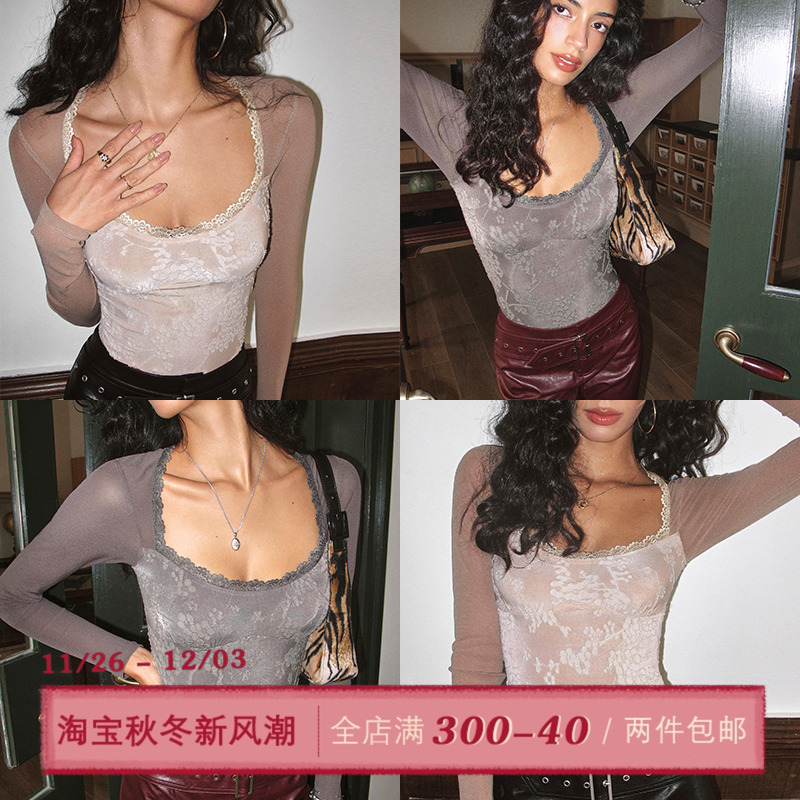 ITSNIKAR复古提花方领针织衫女秋冬蕾丝撞色打底衫内搭连体短上衣