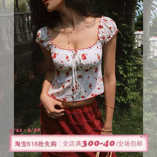 ITSNIKAR 复古方领设计印花短袖T恤女夏立体收腰显瘦性感短上衣