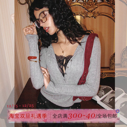 ITSNIKAR 假两件V领毛针织衫女秋性感显瘦打底衫蕾丝拼接长袖上衣