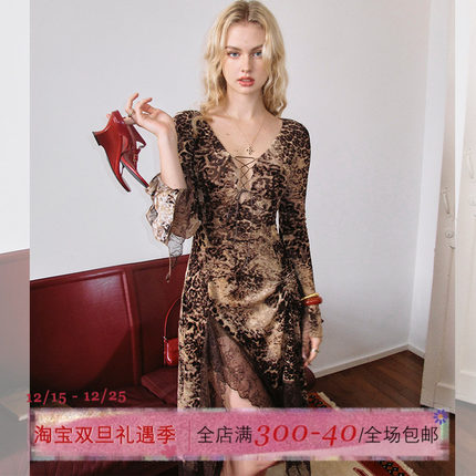 ITSNIKAR 法式v领豹纹连衣裙女初秋修身性感包臀裙蕾丝拼接长裙子