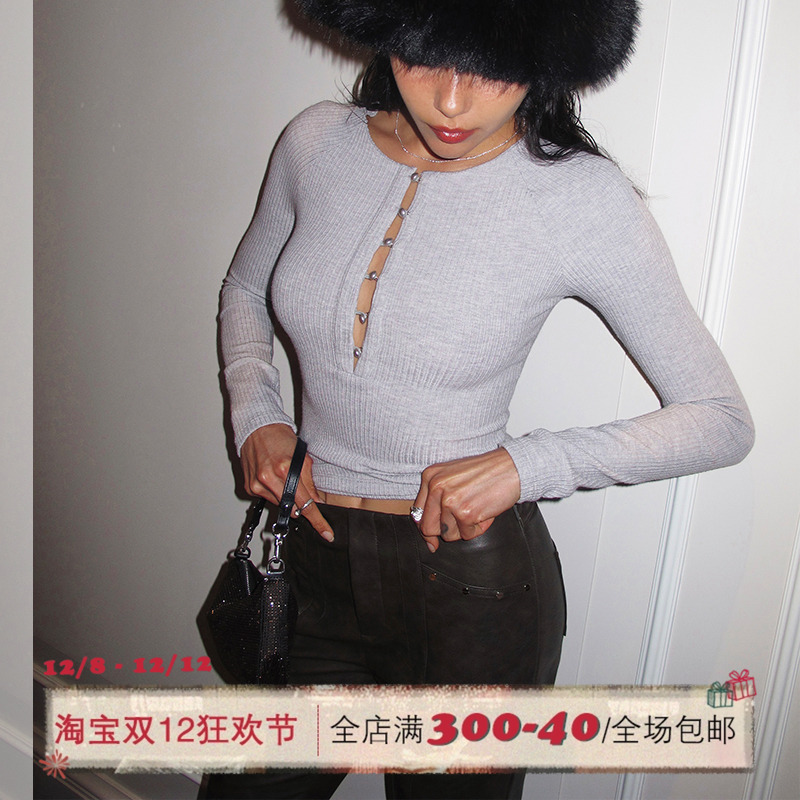 ITSNIKAR 珍珠亨利 法式性感针织衫女长袖毛衣内搭打底衫修身上衣