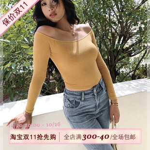上衣打底衫 ITSNIKAR 性感一字領(lǐng)長袖 女春純色高級感氣質(zhì)緊身短款