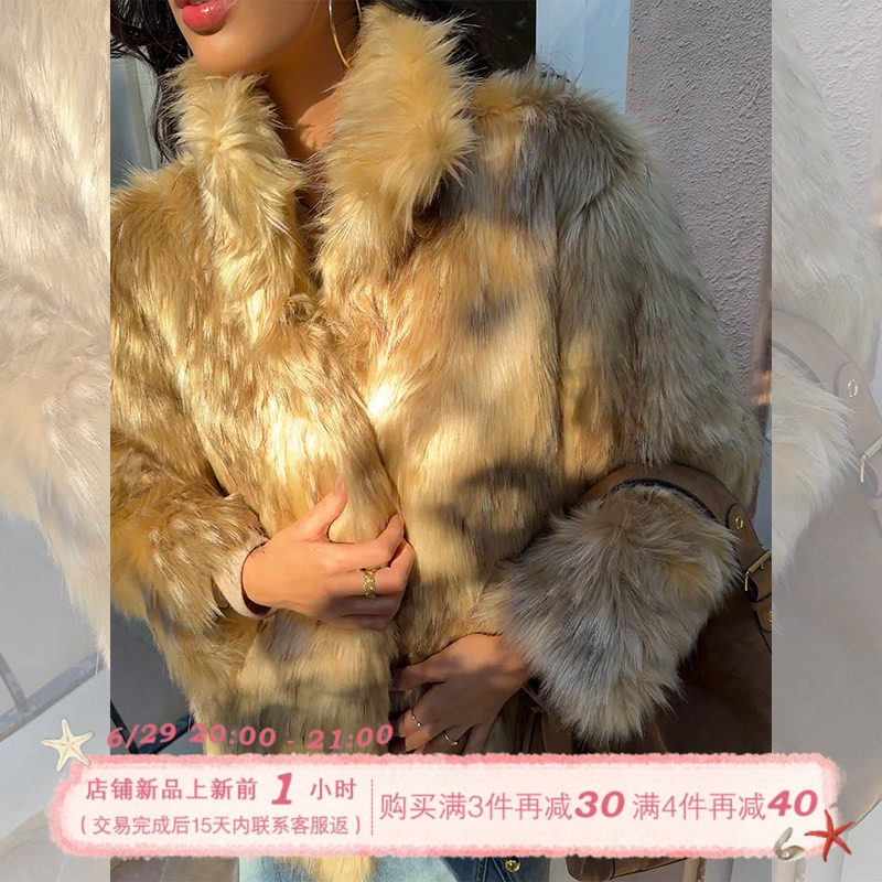 ITSNIKAR欧美复古翻领短款环保皮草女节日感贵气毛毛外套气质上衣