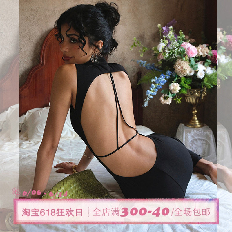 ITSNIKAR 经典方领针织吊带连衣裙女春性感露背包臀裙修身长裙子