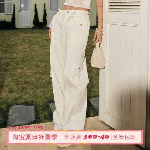 ITSNIKAR 褲 女松緊腰休閑垂感闊腿褲 子 辣妹高腰立體口袋直筒工裝