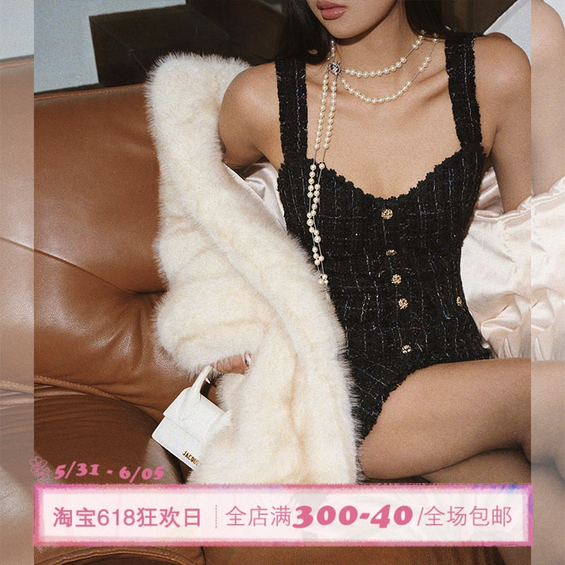 ITSNIKAR 法式小香风粗花呢吊带连衣裙女包臀针织背心裙小黑裙子
