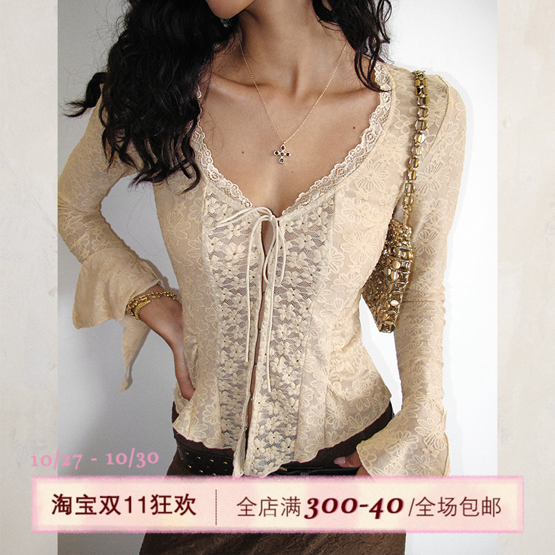 ITSNIKAR法式复古肌理感蕾丝长袖针织套装早秋包臀长裙上衣两件套