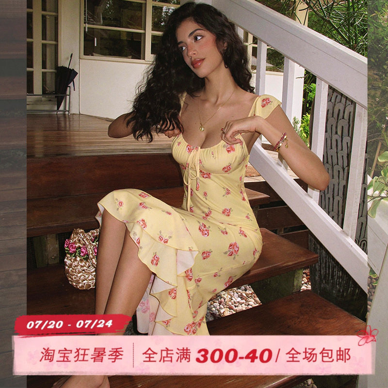 ITSNIKAR【獨家印花】法式碎花吊带连衣裙女夏荷叶边设计鱼尾裙子