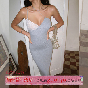 ITSNIKAR 包臀裙V领设计长裙子 蕾丝拼接吊带连衣裙女春夏性感修身