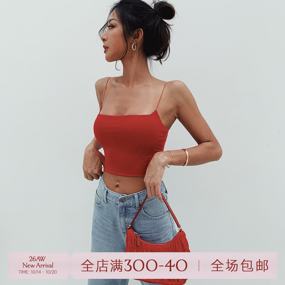 ITSNIKAR红色吊带背心女欧美平口抹胸新款可拆卸带胸垫裹胸外穿