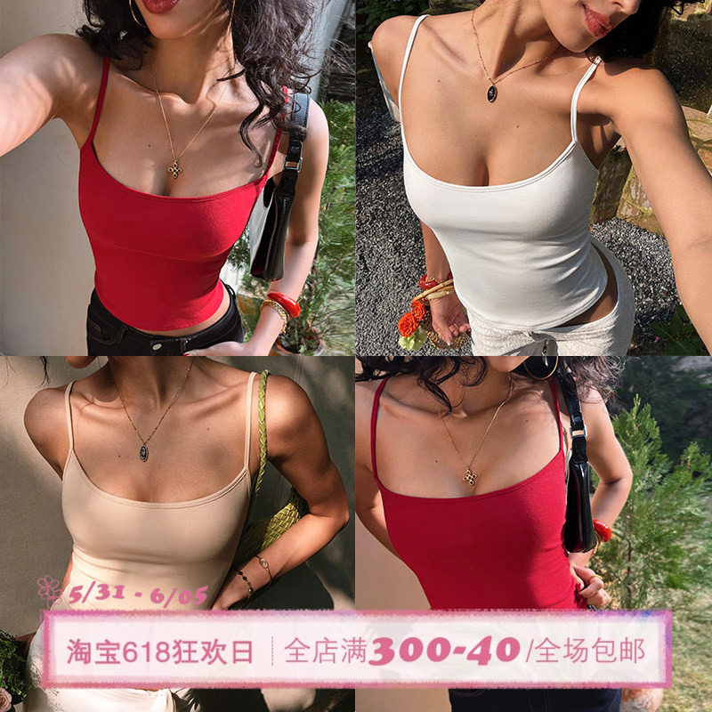 ITSNIKAR 经典细肩带裸感U领吊带背心女初春带胸垫内搭修身短上衣