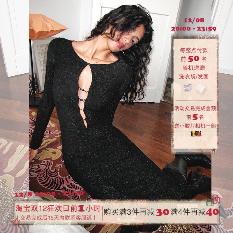 ITSNIKAR法式黑色连衣裙秋冬生日针织裙高级设计感紧身礼服长裙子