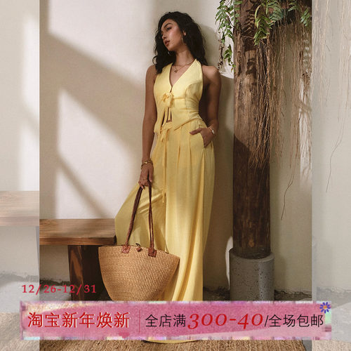 ITSNIKAR 经典V领绑带露背挂脖套装女夏立体感显瘦阔腿裤子两件套