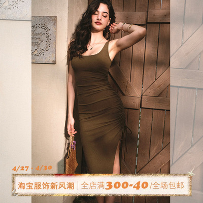ITSNIKAR经典方领针织吊带连衣裙女春夏性感开衩包臀裙修身长裙子