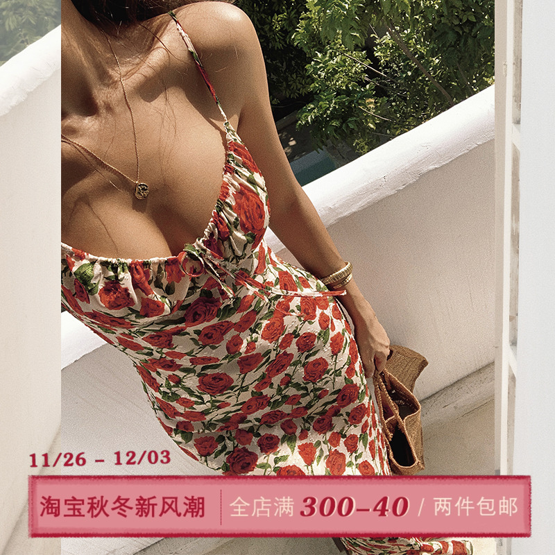 ITSNIKAR玫瑰花度假风吊带裙子