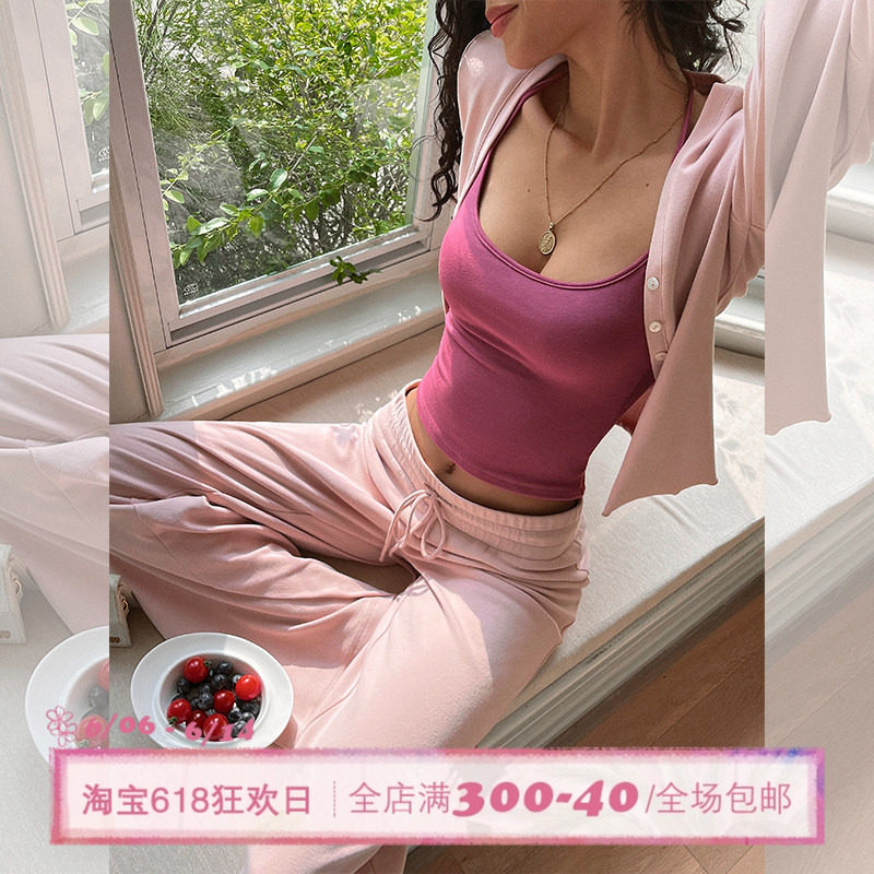ITSNIKAR慵懒风粉色居家长袖针织衫套装女休闲显瘦阔腿长裤两件套