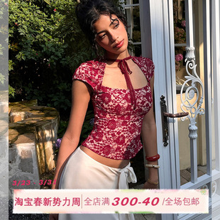 T恤女春修身 印花植绒方圆领短袖 性感蕾丝绑带短上衣 法式 ITSNIKAR
