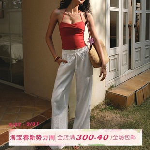 度假风垂感长裤 女亚麻感蕾丝拼接直筒裤 子 白色休闲裤 ITSNIKAR经典