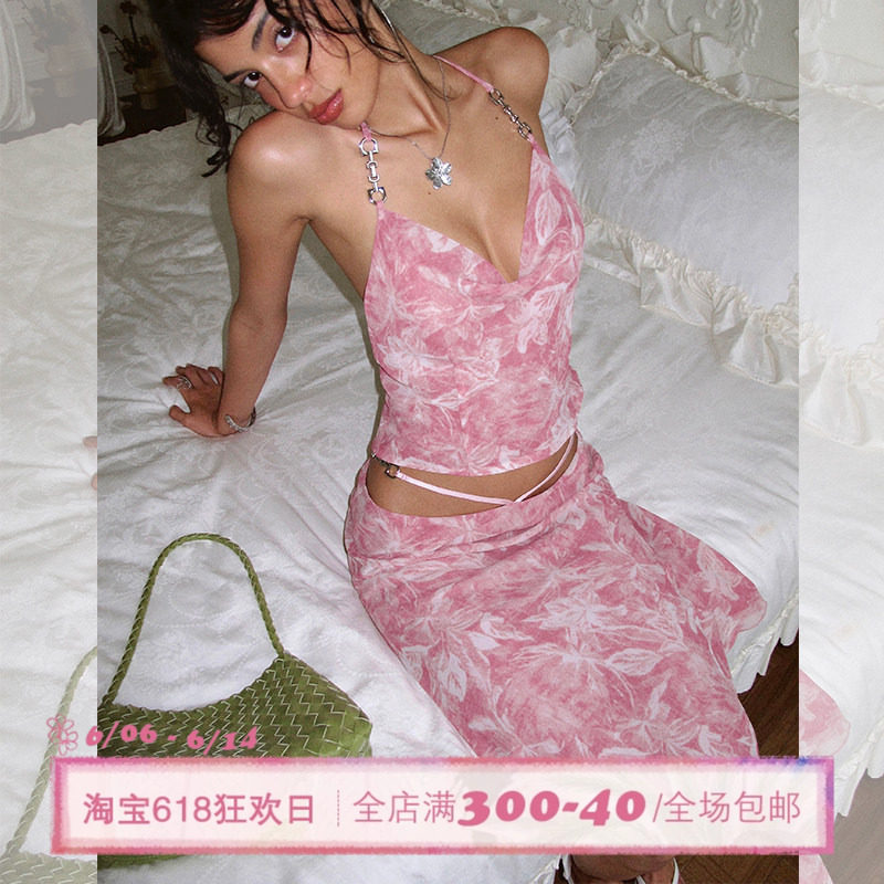 ITSNIKAR慵懒风荡领性感露背吊带套装女夏印花显瘦包臀裙子两件套