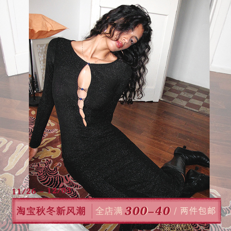 ITSNIKAR法式黑色连衣裙秋冬生日针织裙高级设计感紧身礼服长裙子