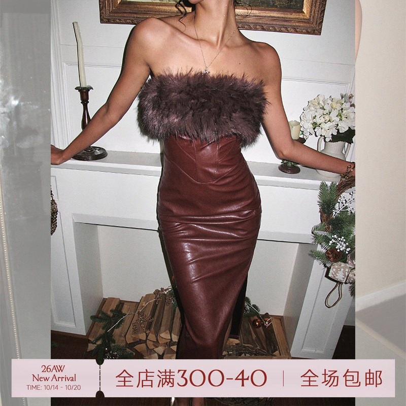 ITSNIKAR复古可拆卸毛毛连衣裙女性感抹胸pu皮裙新年包臀长款裙子