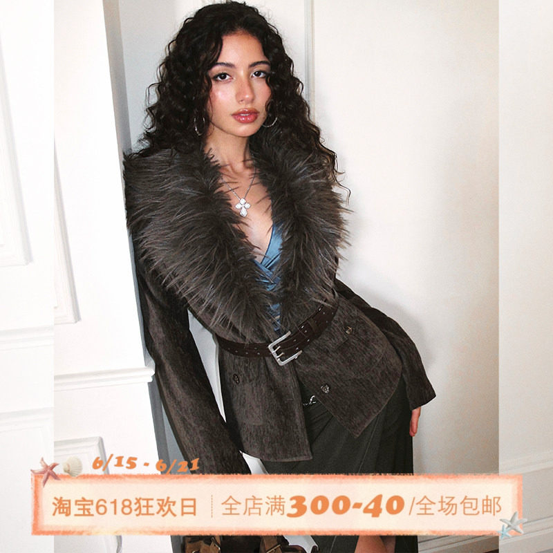 ITSNIKAR法式可拆卸毛毛领拼接呢子外套女秋冬复古立体显瘦短上衣