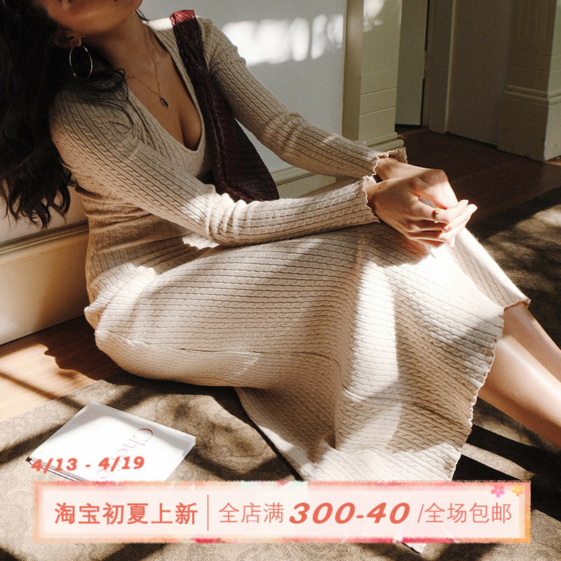 ITSNIKAR 麻花V领针织连衣裙女秋冬性感显瘦包臀裙弹力修身长裙子