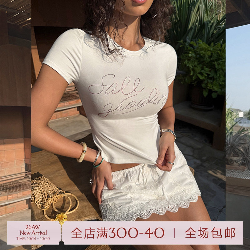 ITSNIKAR 美式街头白色圆领短袖女夏经典修身t恤正肩百搭短款上衣
