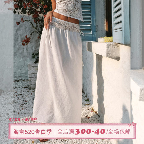 ITSNIKAR 复古无腰头蕾丝刺绣半身裙女夏性感A字裙经典百搭长裙子