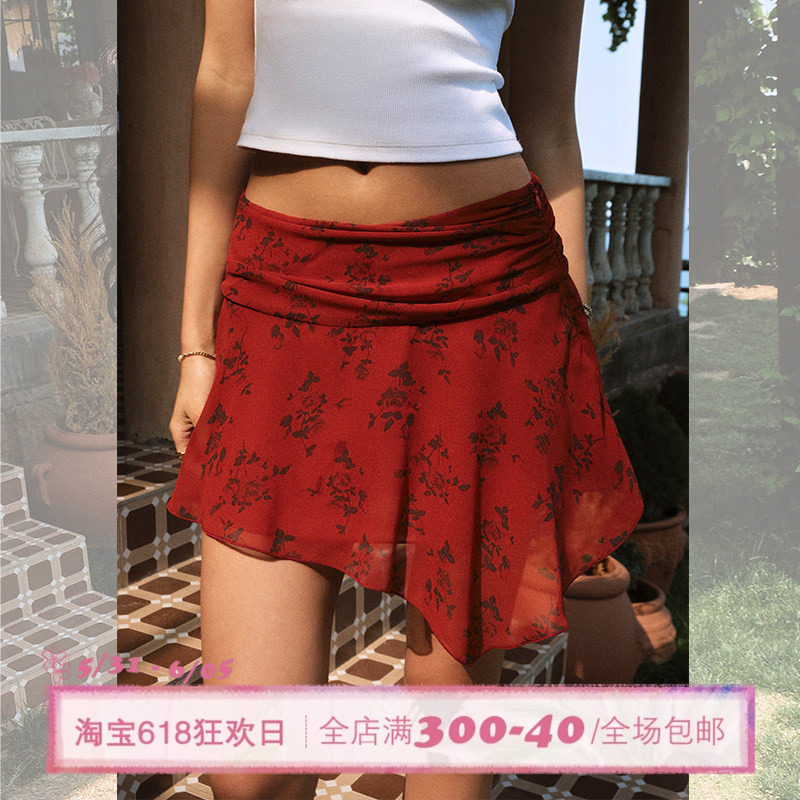 ITSNIKAR 复古红色雪纺印花半身裙女夏法式性感包臀裙显瘦短裙子
