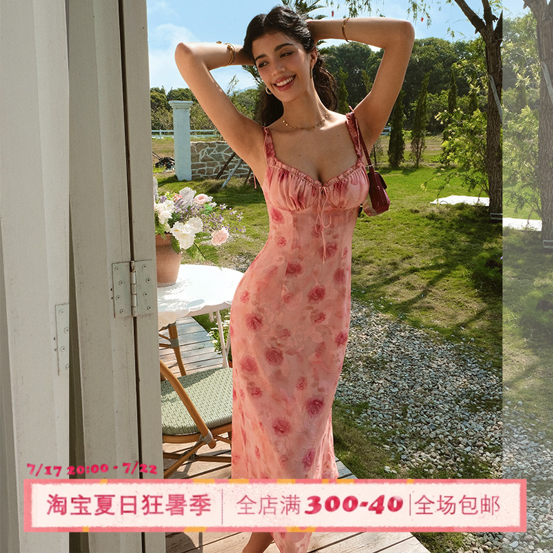 ITSNIKAR肌理感印花吊带连衣裙女夏修身显瘦包臀裙复古玫瑰长裙子
