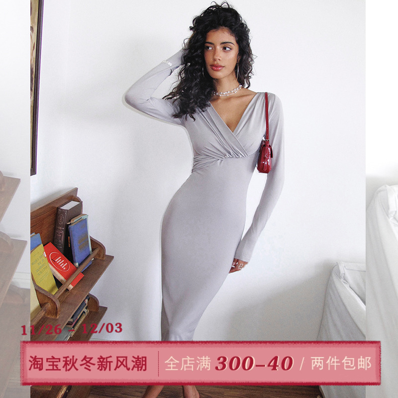 ITSNIKAR 复古V领长袖连衣裙女初秋修身显瘦包臀裙垂感开衩长裙子