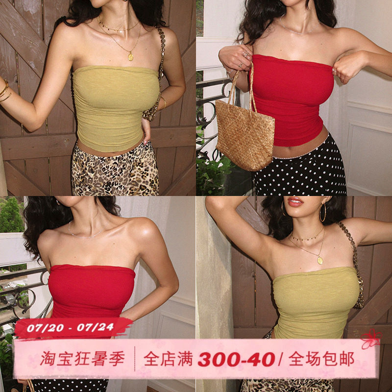 ITSNIKAR 裸感红色抹胸女夏带胸垫显瘦打底内搭针织外穿露背上衣