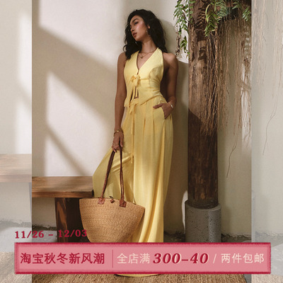 ITSNIKAR 经典V领绑带露背挂脖套装女夏立体感显瘦阔腿裤子两件套