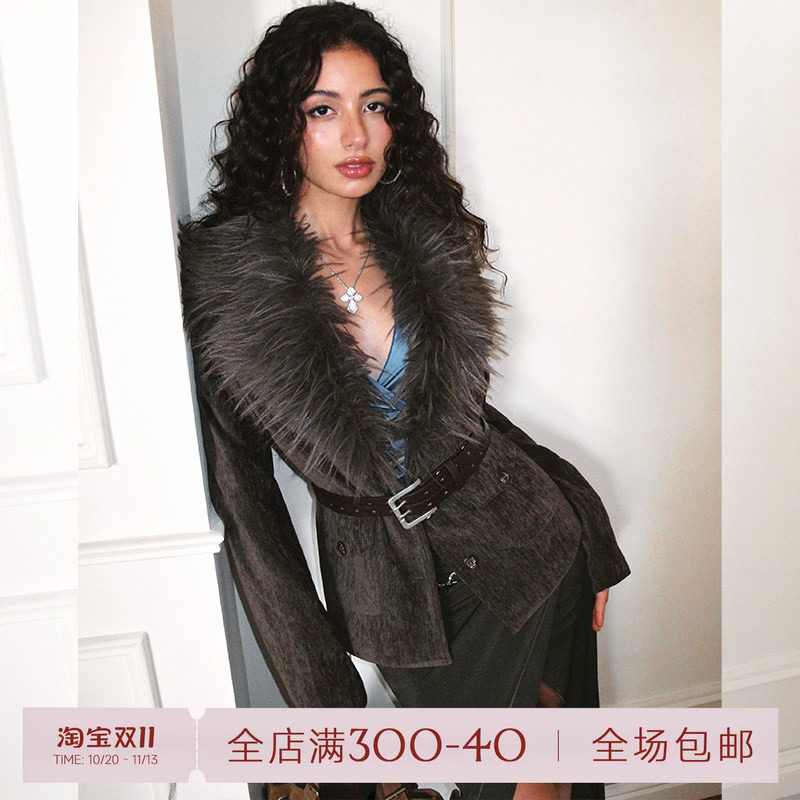 ITSNIKAR法式可拆卸毛毛领拼接呢子外套女秋冬复古立体显瘦短上衣