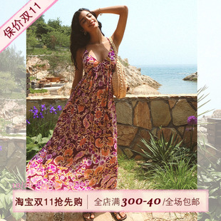 復(fù)古夏日風(fēng)情v領(lǐng)吊帶連衣裙女夏季 ITSNIKAR 海邊度假裙收腰長裙子