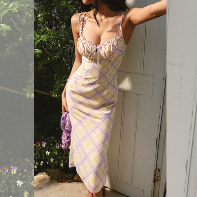 ITSNIKAR经典格纹吊带连衣裙女夏肌理感显瘦包臀裙修身性感长裙子