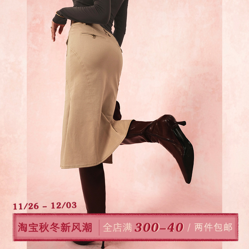 ITSNIKAR 欧美复古半身裙女法式中长款高腰半裙直筒开衩包臀裙子