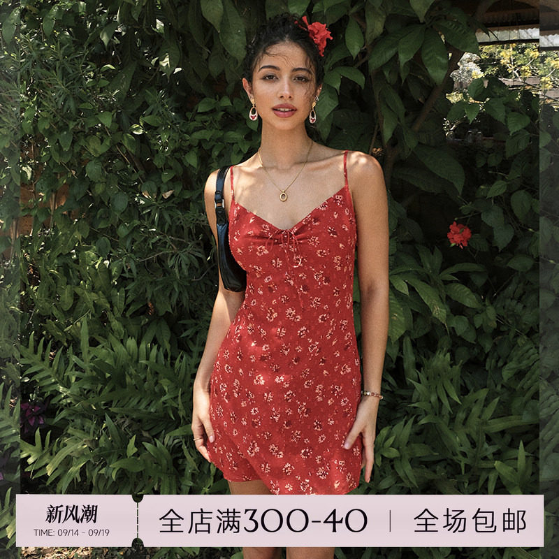 ITSNIKAR法式复古红色连衣裙女夏性感度假吊带裙海岛短款碎花裙子图片