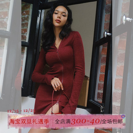 ITSNIKAR 双开拉链连衣裙女秋基础针织打底裙不规则设计包臀裙子